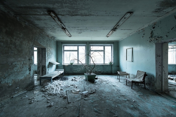 Waiting room in the remains of the Pripyat hospital Ukraine 