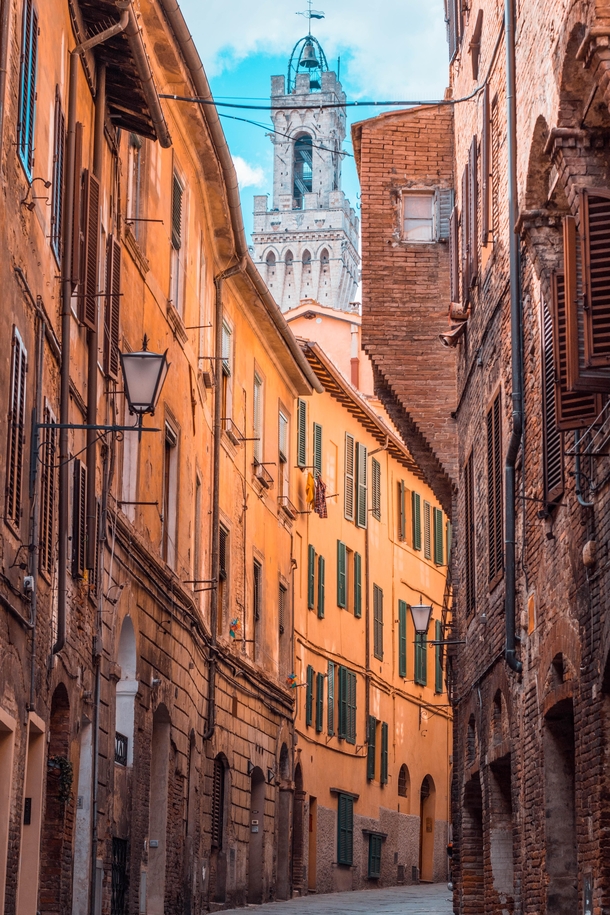 Walking around the centro of Siena Italy with the Torre del Mangia peeking through 
