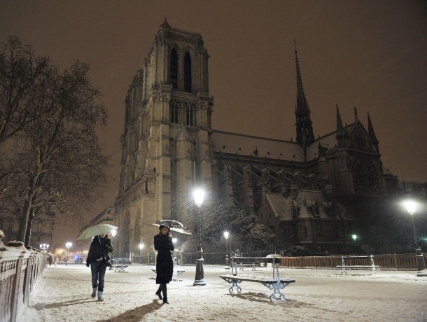 Walking through the snow near the Notre Dame in Paris 