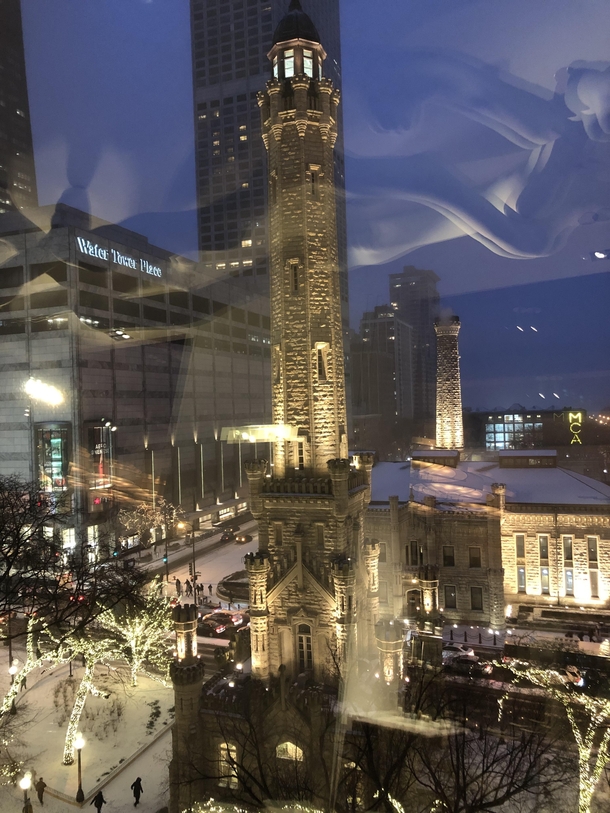 Water Tower Place -Chicago on a snowy nite from the Park Hyatt - Nomi Restuarant