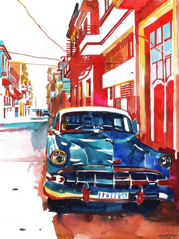 watercolor of car in Havana