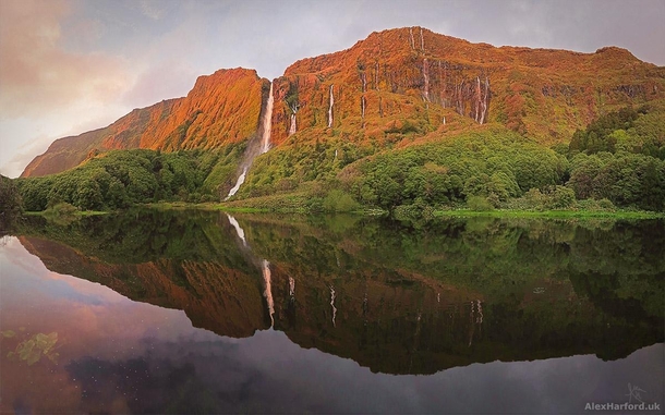 Waterfalls at Sunset Flores Island Azores 