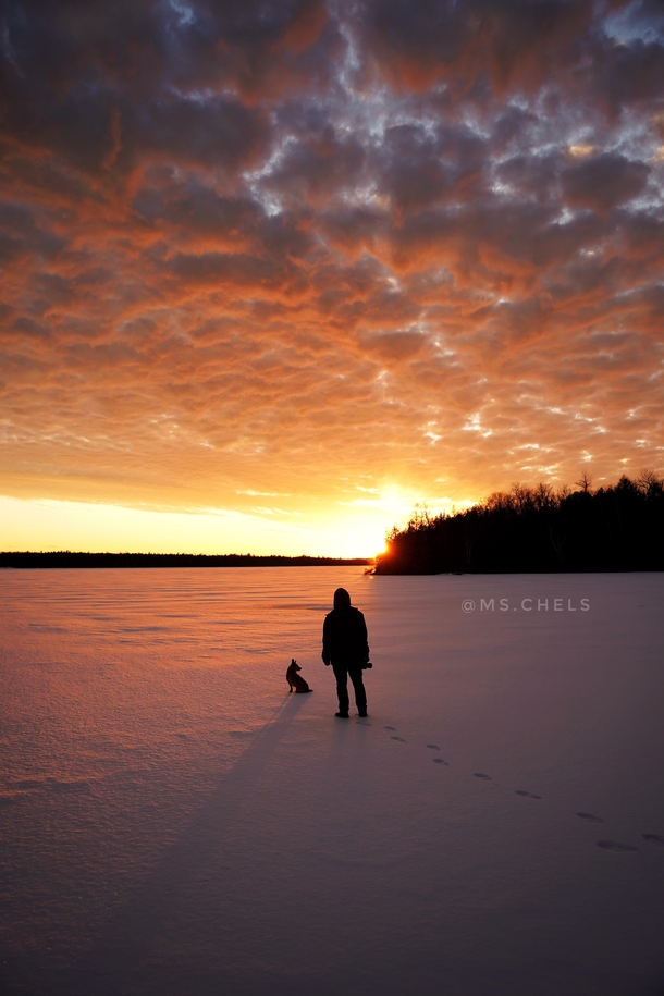We watched this winter sunset burst with glowy golden goodness while standing on a frozen lake Tobermory Ontario 