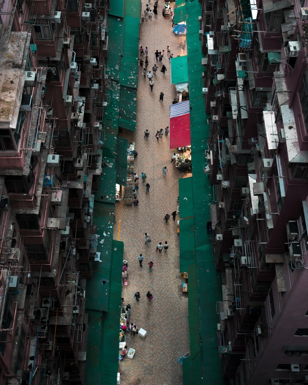 Wet market in a residential area in Hong Kong