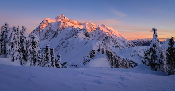 Weve all seen lots of photos of Mt Hood on here recently but anyone whos been know that the North Cascades are even more beautiful Heres sunset on Mt Shuksan from Shuksan Arm 