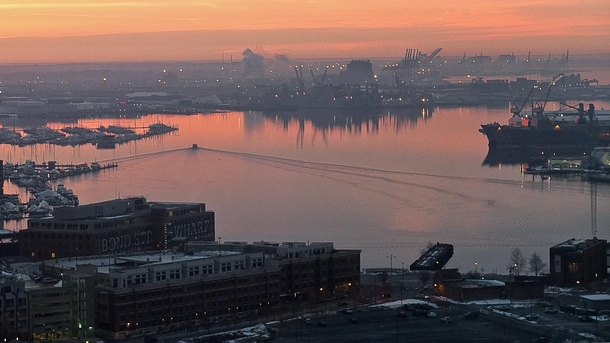 Wharves and dockyards of Baltimore MD at sunrise Feb  