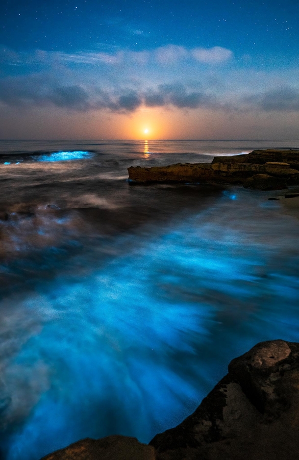 When everything glows - Moonset above bioluminescent waves - San Diego CA jackfusco