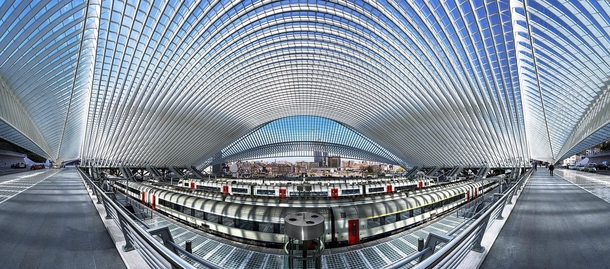 Wide angle panoramic view of the Lige-Guillemins train station Belgium Designed by Santiago Calatrava  photo by Andreas Paehge x-post rBelgiumPics
