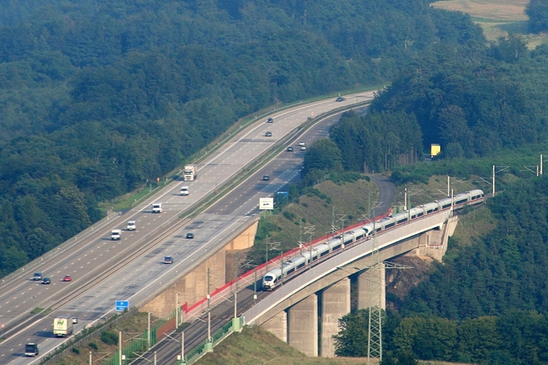 Wiedtalbrcke in Germany - the photo shows the Autobahn  and the KlnFrankfurt high-speed rail line following it  Picture by Sebastian Terfloth