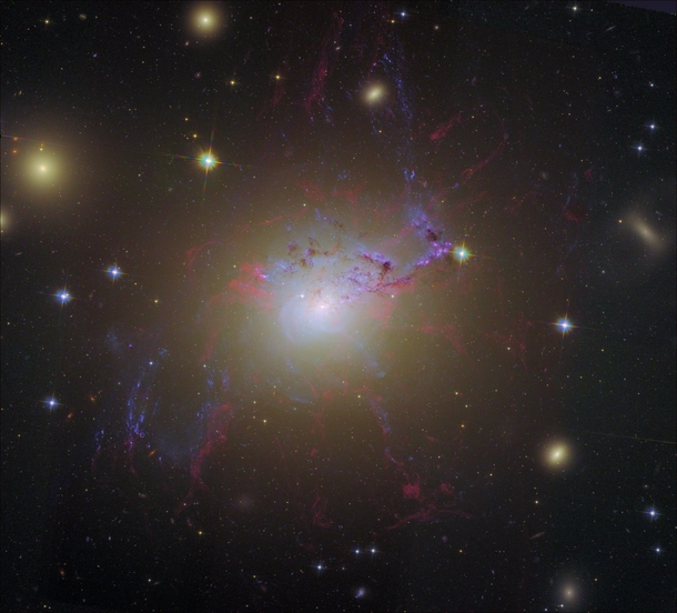 Wild-looking at visible wavelengths this active galaxy is a prodigious source of x-rays and radio emission NGC  accretes matter as entire galaxies fall into it ultimately feeding a supermassive black hole at the galaxys core 