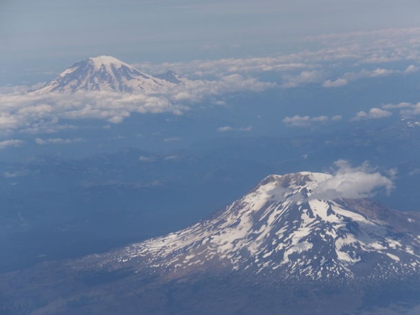 Window seat view of Mt Rainier and Mt Adams 