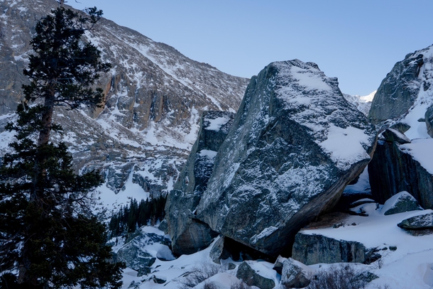 Winter in MtEvans Wilderness Colorado   That boulder is the size of half an average home Enchanting place to wander with a close friend for a day