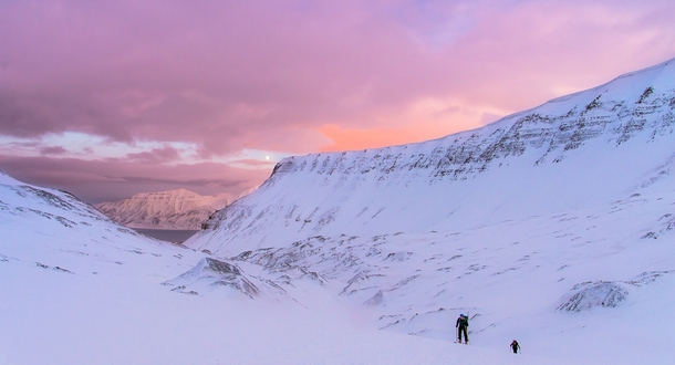 Winter is going Pink skies over Larsbreen Glacier marking the end of the Dark Winter in Svalbard Norway OC 