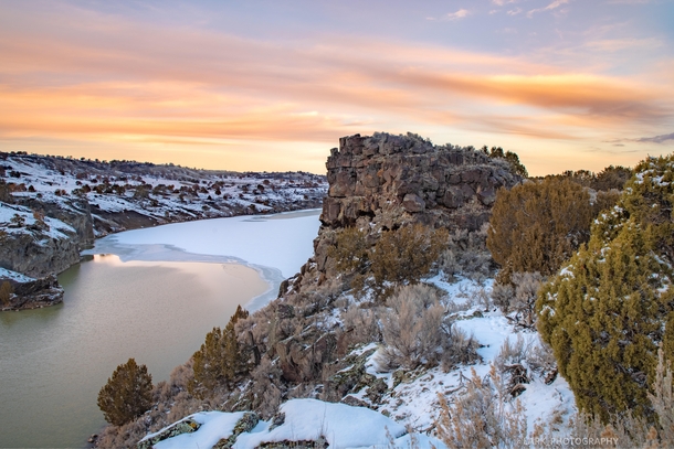 Winter sunset at Massacre Rocks State Park also named the Gate of Death so named because emigrants along the Oregon Trail feared being ambushed while passing through the rocky terrain though only a few skirmishes actually occurred Southeastern Idaho USA 