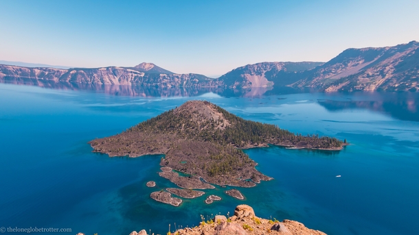 Wizard Island - A large volcanic cinder cone rising out of Crater Lake National park Oregon    