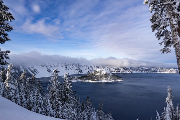 Wizard Island with a fresh coat of snow Crater Lake National Park 