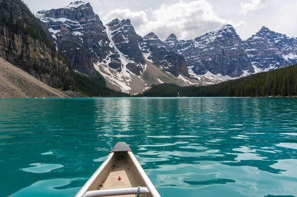 x-post from rTrueNorthPictures Canoeing on Moraine Lake Alberta Canada  by Janette Asche