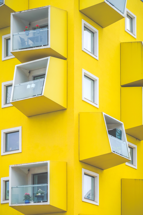 Yellow Cube Balconieas restad Area in Copenhagen Denmark  Designer Unknown