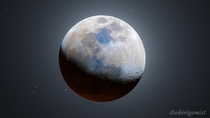  Multiple long exposures of the moon color boosted to show its deposits of iron and titanium The dark side is composited from previous months rising blood crescent