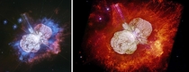  years ago Eta Carinae exploded violently and shot out a cloud of debris out at  million mph million kph but left the star intact Turns out its a binary star system and the larger of the  stars is set to go supernova in the next  years The cloud is known 