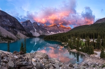 A beautiful morning sunrise in Moraine Lake Banff National Park Canada 