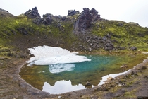 A block of ice melted and formed a puddle with a stunning color in the middle Iceland 