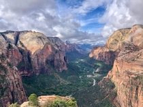 A break in the clouds at the summit of Angels Landing Zion National Park UT 