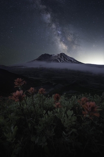 A clear night sky above a gorgeous volcanic landscape Mt St Helens Washington 