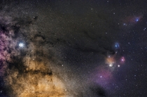 A close up of this beautiful region of the summer sky Starting from the left we see a bright Jupiter and Dark Horse Nebula and to the right the gorgeous Rho Ophiuchi complex and to the upper right corner the Blue Horse Head Nebula A  hour stack image take