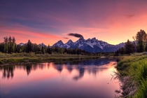 A colorful Sunset in the Tetons A dark cloud hangs at the top of the Grand at ft x 