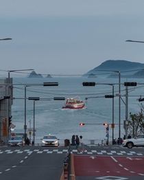 A crosswalk overlooking the sea in Haeundae District Busan South Korea