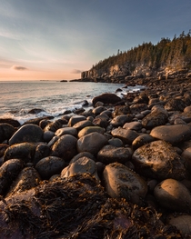 A Fall Sunrise on Boulder Beach in Acadia National Park Maine 