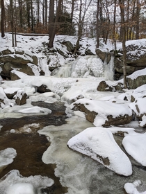 A frozen waterfall in a state forest in Massachusetts 