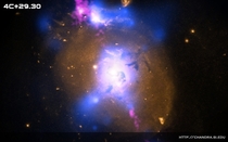 A giant black hole in the center of the galaxy C is generating two powerful jets of particles 