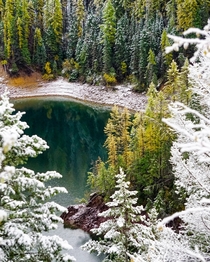 A lake in northwest Montana after a brief Autumn snow storm 