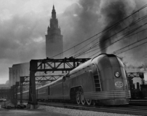 A Mercury train runs in front of Terminal Tower Cleveland Ohio s