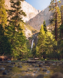A naturally framed view of Lower Yosemite Falls Yosemite CA 