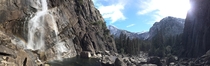 A panoramic shot at the base of Yosemite falls 