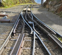 A railroad switch on the Schynige Platte-Bahn rack railway in Switzerland 