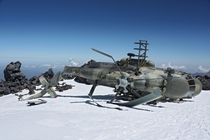 A Russian Mi- helicopter in a surprisingly good state considering it crashed against the east side of Mount Elbrus the highest mountain in Russia and Europe It was found by Mountaineer Ilya Yahsin at  feet 