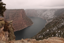 A snowy foggy day at Flaming Gorge UT USA 