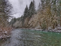 A snowy Sol Duc River Olympic National Forest WA 