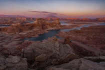 A sunset at a Martian landscape over Lake Powell Utah 