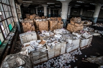 A very large collection of collectible sports cards in an abandoned Detroit car factory 
