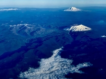 A view of Mt St Helens and Mt Hood from my window seat  x  
