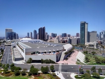 A view of the San Diego skyline overlooking the Convention Center looking NNW from the th floor of the Hilton Bayfront