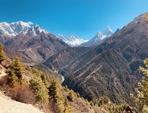 A view through Khumbu Valley on a crystal clear day Himalayas Nepal 