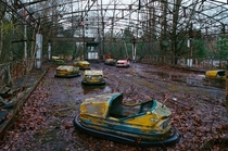 Abandoned bumper cars after Chernobyl disaster Pripyat Ukraine