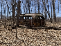Abandoned bus in the middle of the woods near the Canadian border in Minnesota Guessing it could be related to the logging history in the area