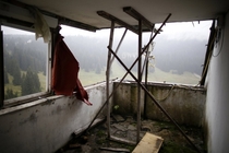 Abandoned judges stand at the  Sarajevo Olympics 